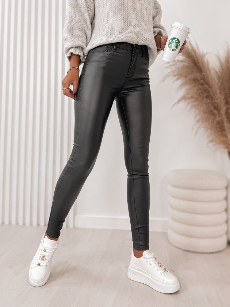 PANTALON CUIR LISSE AVEC TAILLE HAUTE GRAPHITE