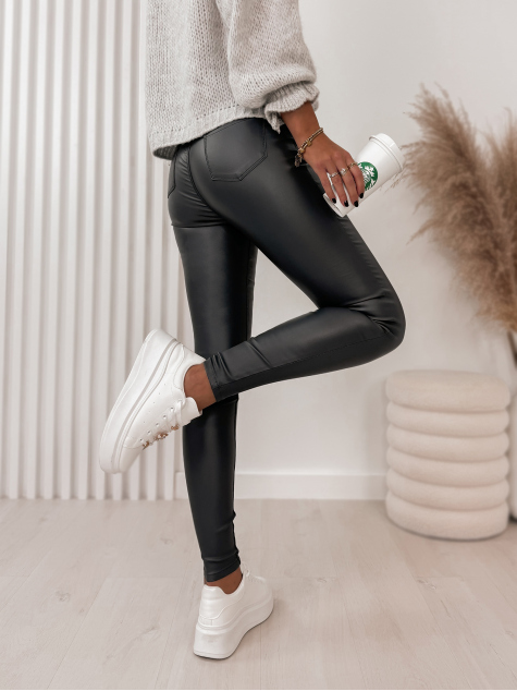 PANTALON CUIR LISSE AVEC TAILLE HAUTE GRAPHITE